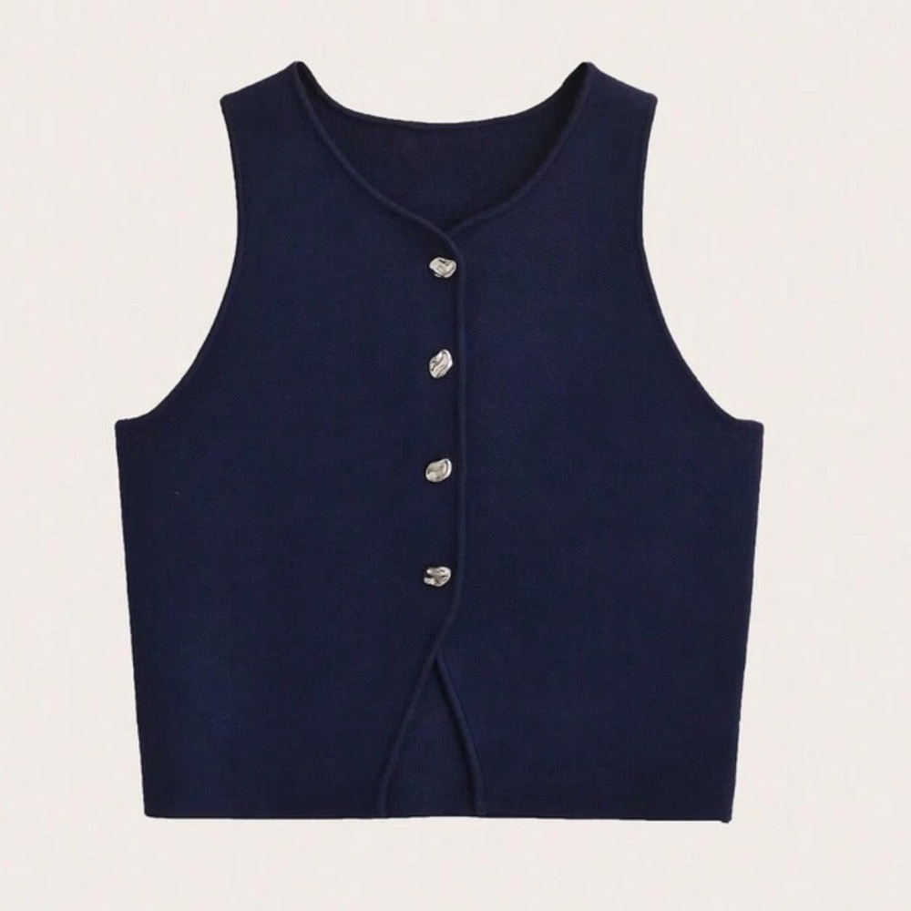 Navy Button-Front Split Knit Hem Top